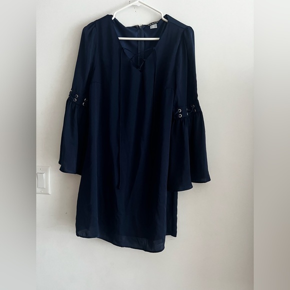 Venus Navy Blue Bell Sleeve Mini Dress Women’s Size S Lace-Up Detail Boho Party - Picture 2 of 6